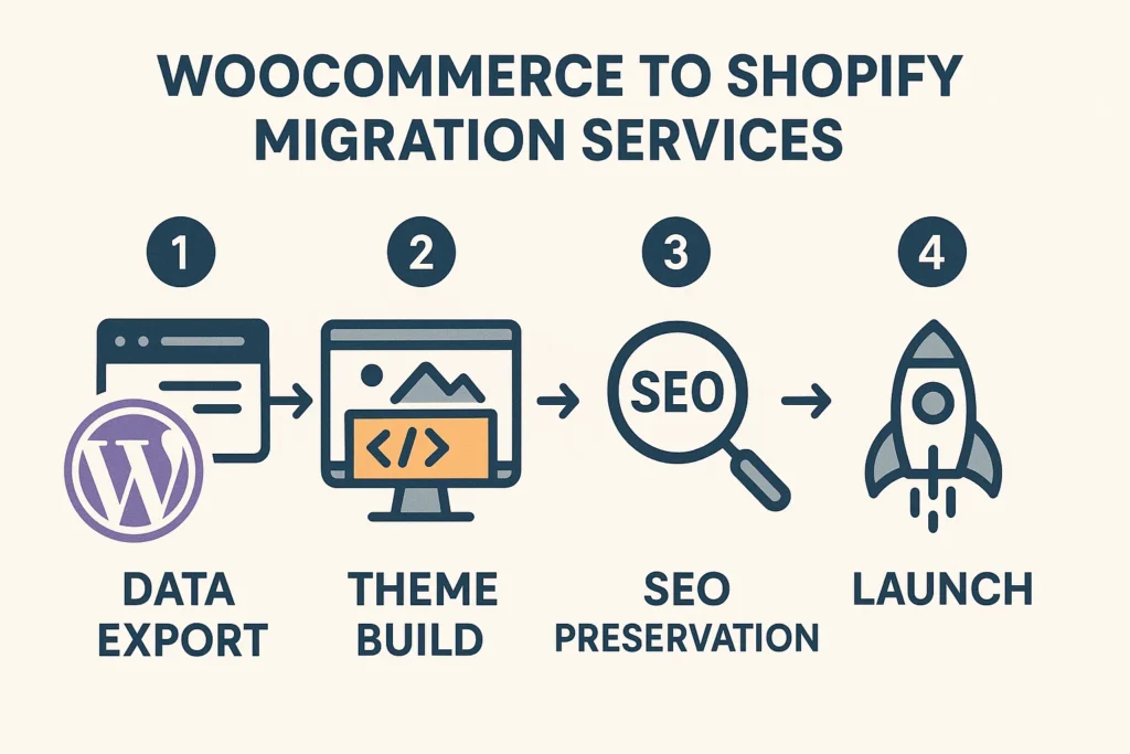 WooCommerce to Shopify migration services workflow diagram | Jacob Almogela